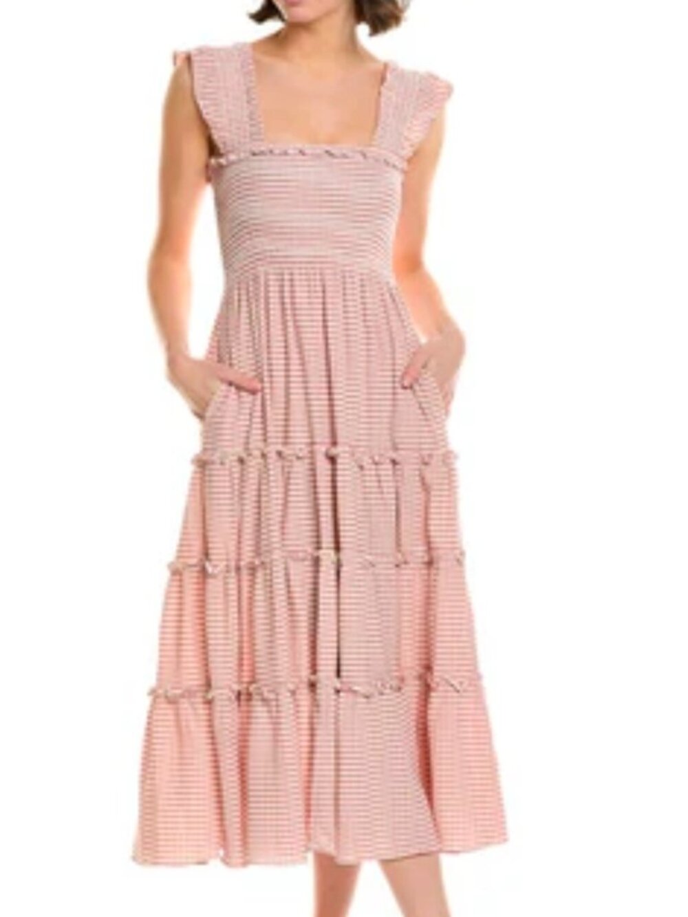 O.P.T One Pretty Time Gingham Smocked Tiered Midi Dress Size L Pink Ruffle Strap